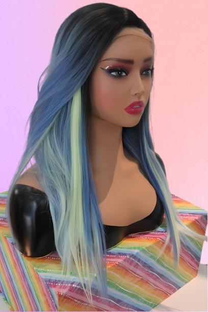 18 Inch Blue Ombre Lace Front Wig with Mint Green Tips, Dark Roots, Layered Straight Synthetic Wig for Cosplay, Fashion, and Everyday Wear