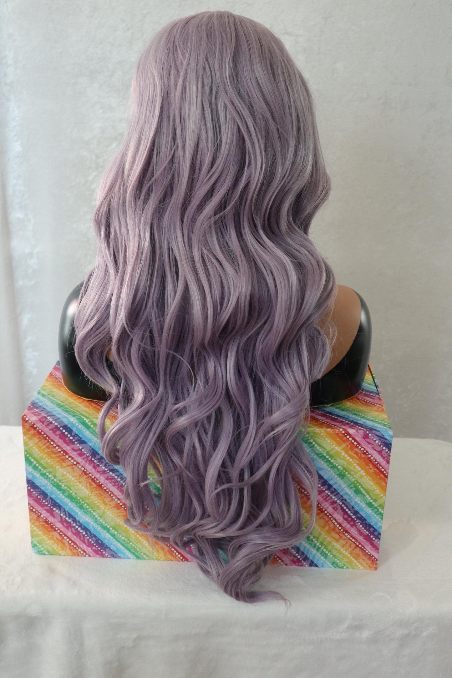 Long Wavy Lavender & Gray 26 inch Front Lace Wig β Natural Clear Parting, Soft Synthetic Hair