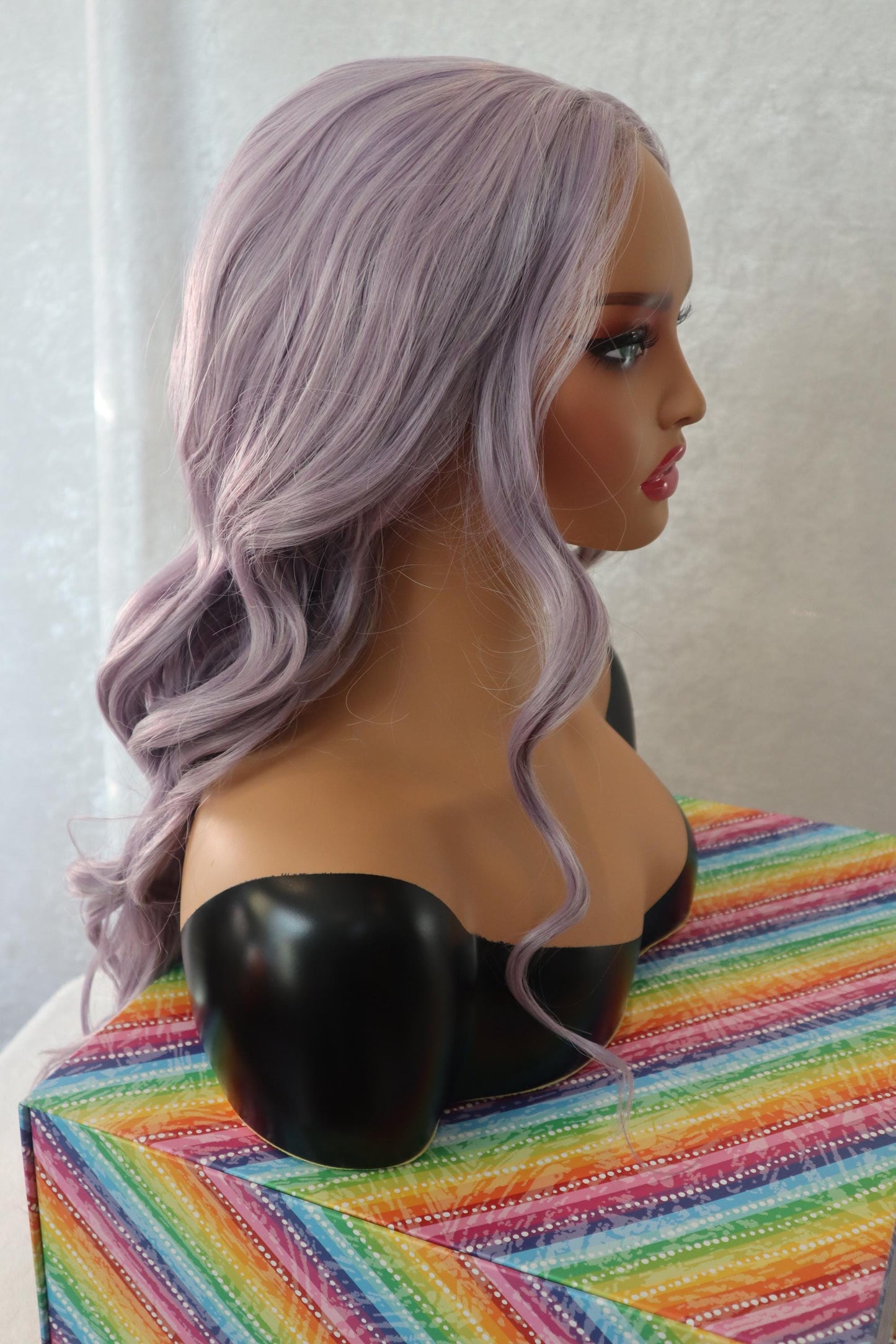 Long Wavy Lavender & Gray 26 inch Front Lace Wig β Natural Clear Parting, Soft Synthetic Hair