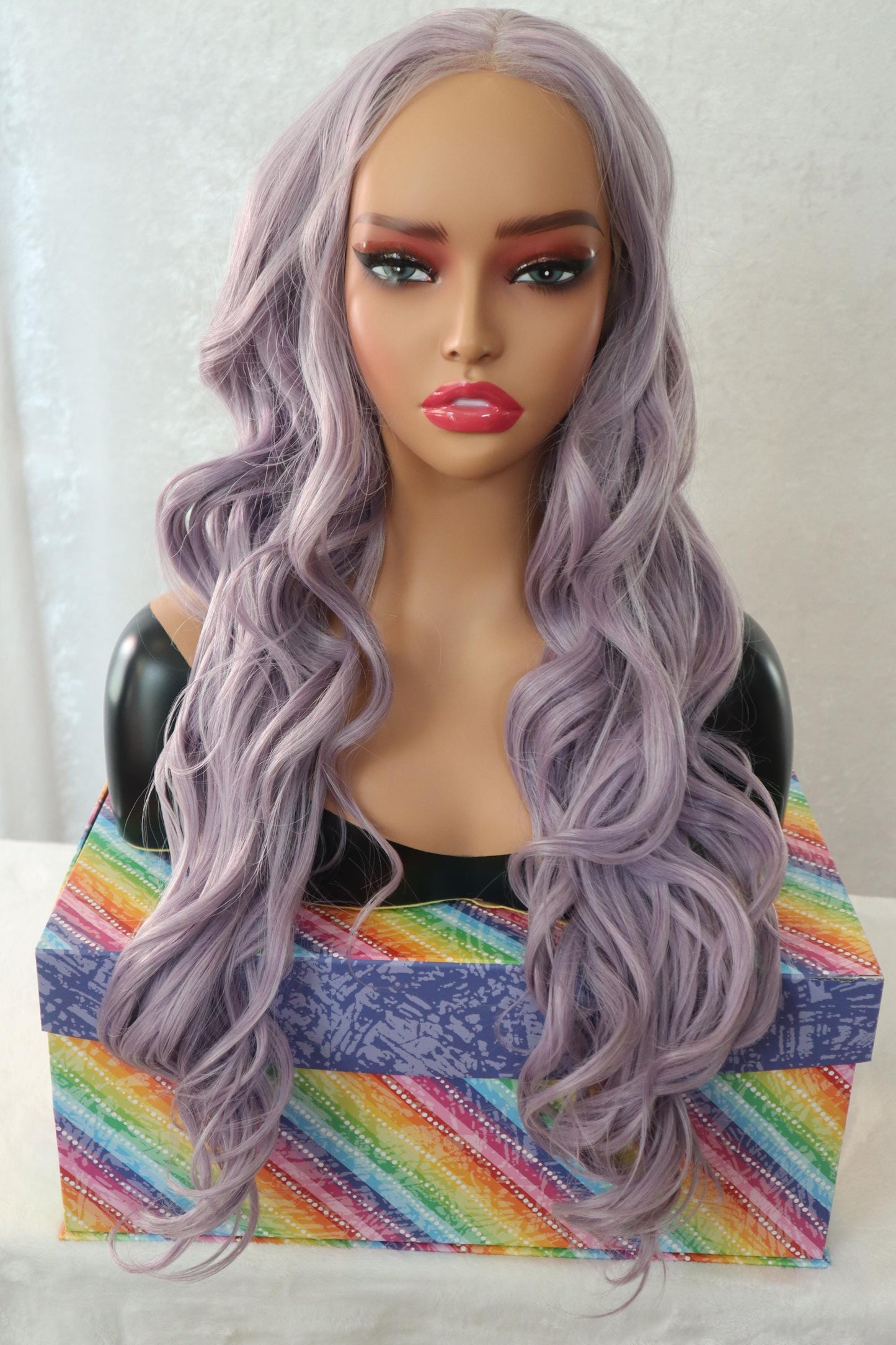 Long Wavy Lavender & Gray 26 inch Front Lace Wig β Natural Clear Parting, Soft Synthetic Hair