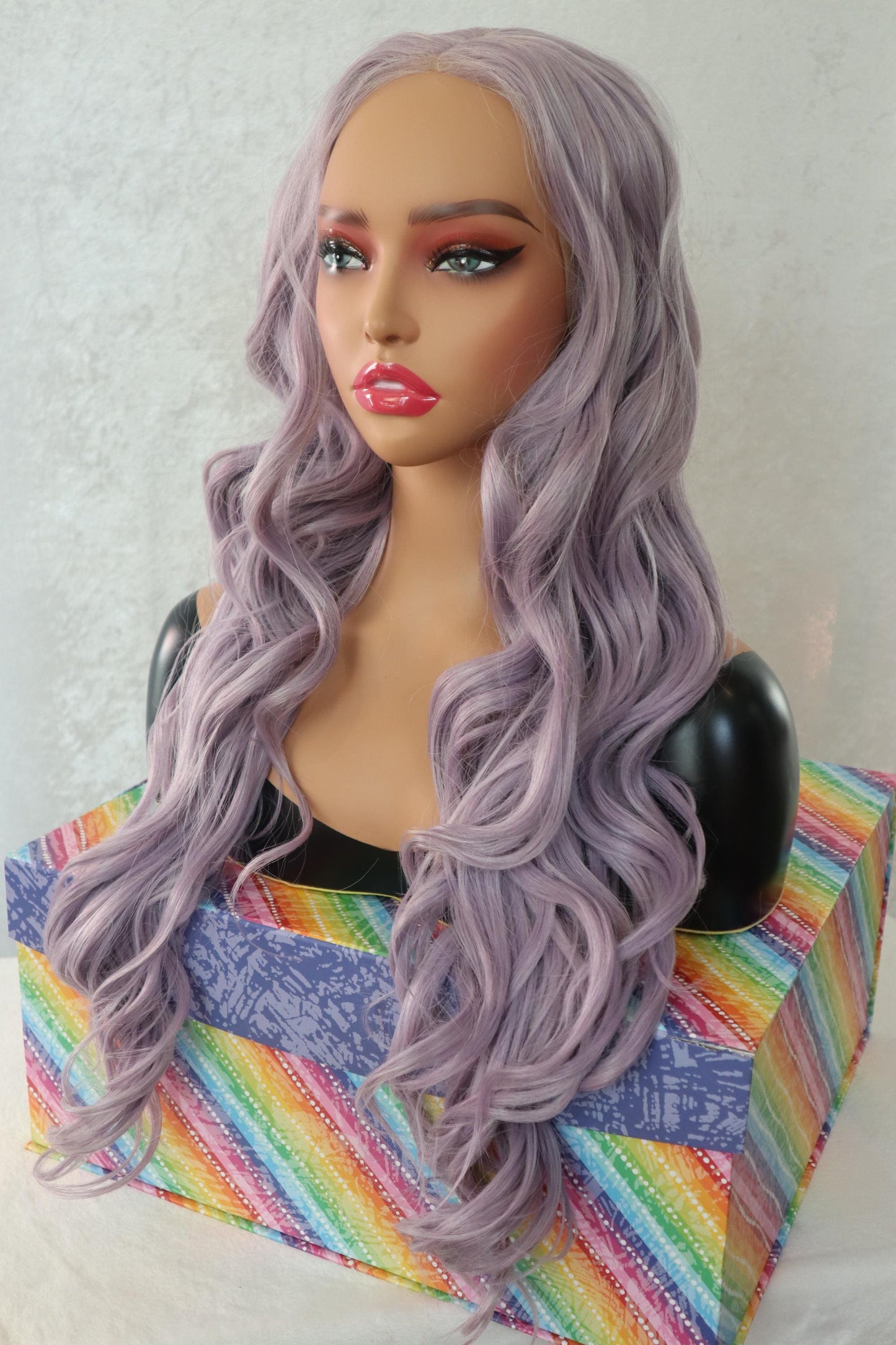 Long Wavy Lavender & Gray 26 inch Front Lace Wig β Natural Clear Parting, Soft Synthetic Hair