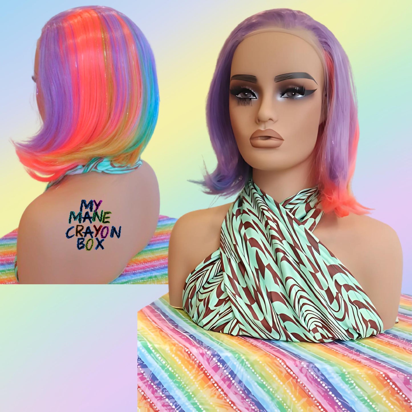 Rainbow Short Bob Front Lace Wig with Tinsel Locks โ Unicorn Fantasy Hair for Parties