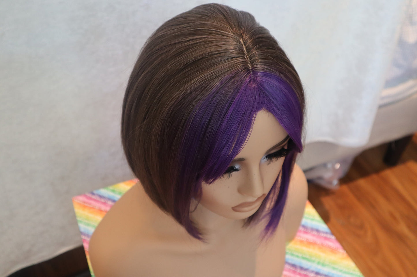 Short Bob Wig with Purple Bangs & Ash Light Brown Base – Bold Synthetic Wig for Everyday Style
