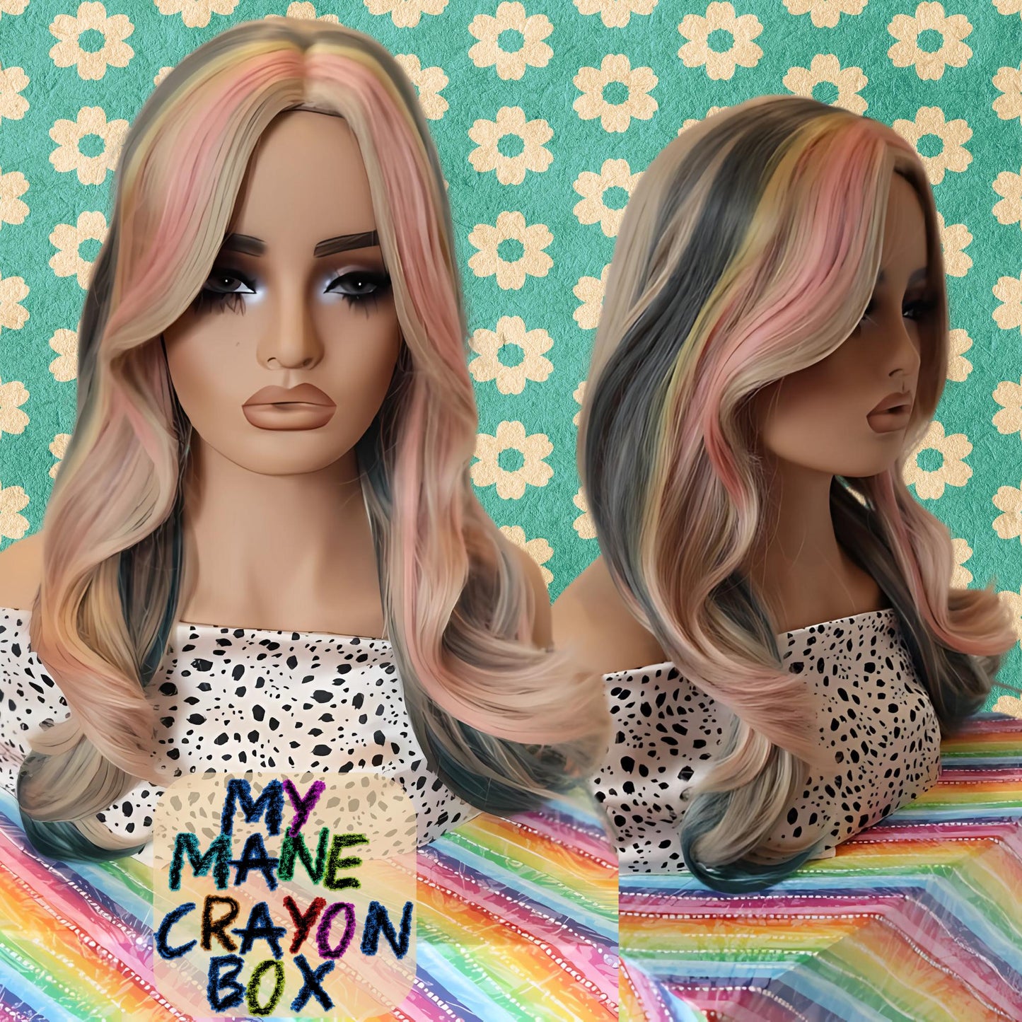 Trendy Blonde Light Rosy Pink, Gray Blue & Yellow Highlights | 24-Inch Middle Part Wavy Wig | Heat-Resistant Synthetic Wig