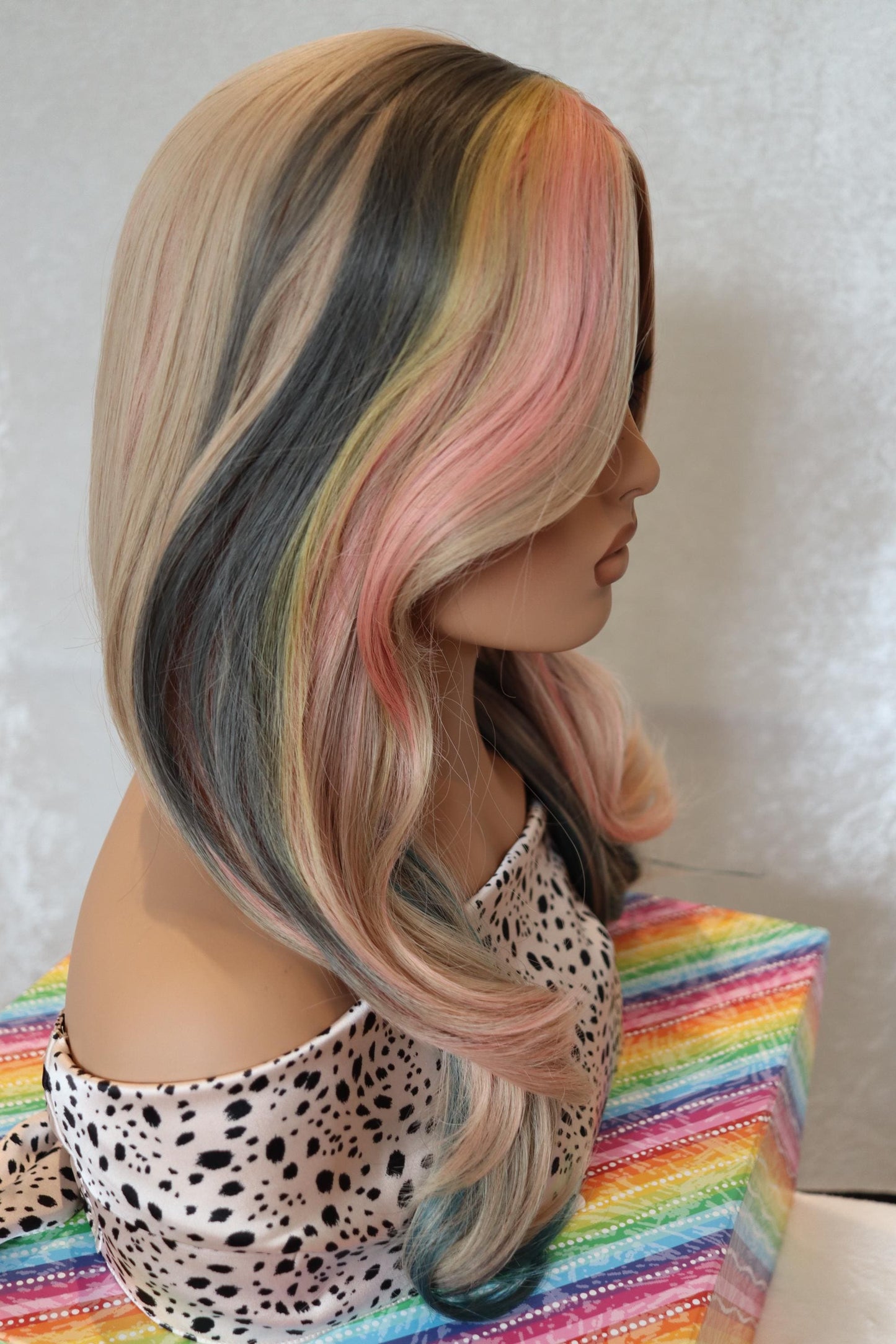 Trendy Blonde Light Rosy Pink, Gray Blue & Yellow Highlights | 24-Inch Middle Part Wavy Wig | Heat-Resistant Synthetic Wig