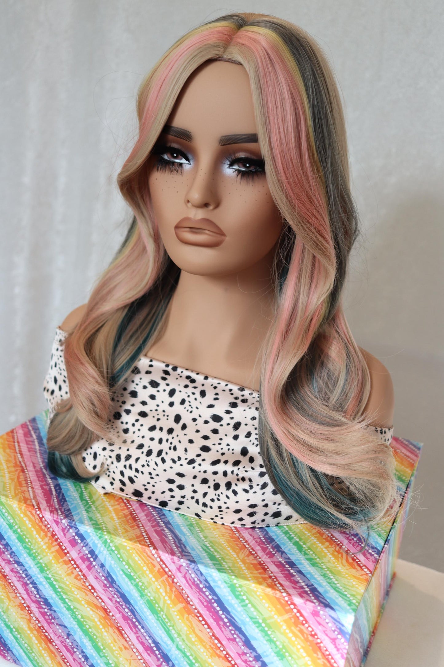 Trendy Blonde Light Rosy Pink, Gray Blue & Yellow Highlights | 24-Inch Middle Part Wavy Wig | Heat-Resistant Synthetic Wig