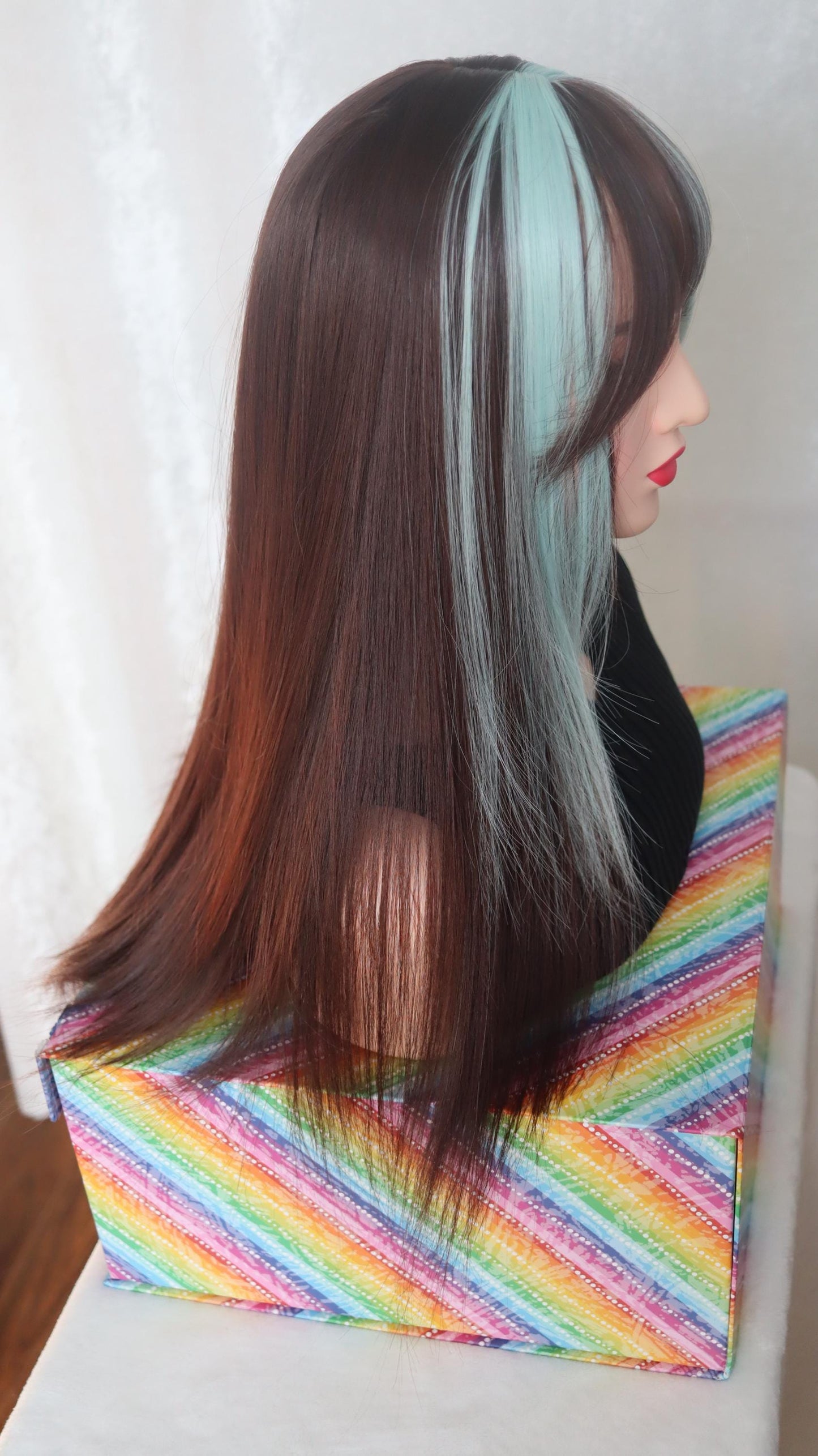 Chocolate Mint Bliss Wig – 26" Straight Brown & Mint Green Stunner with Unique Bangs
