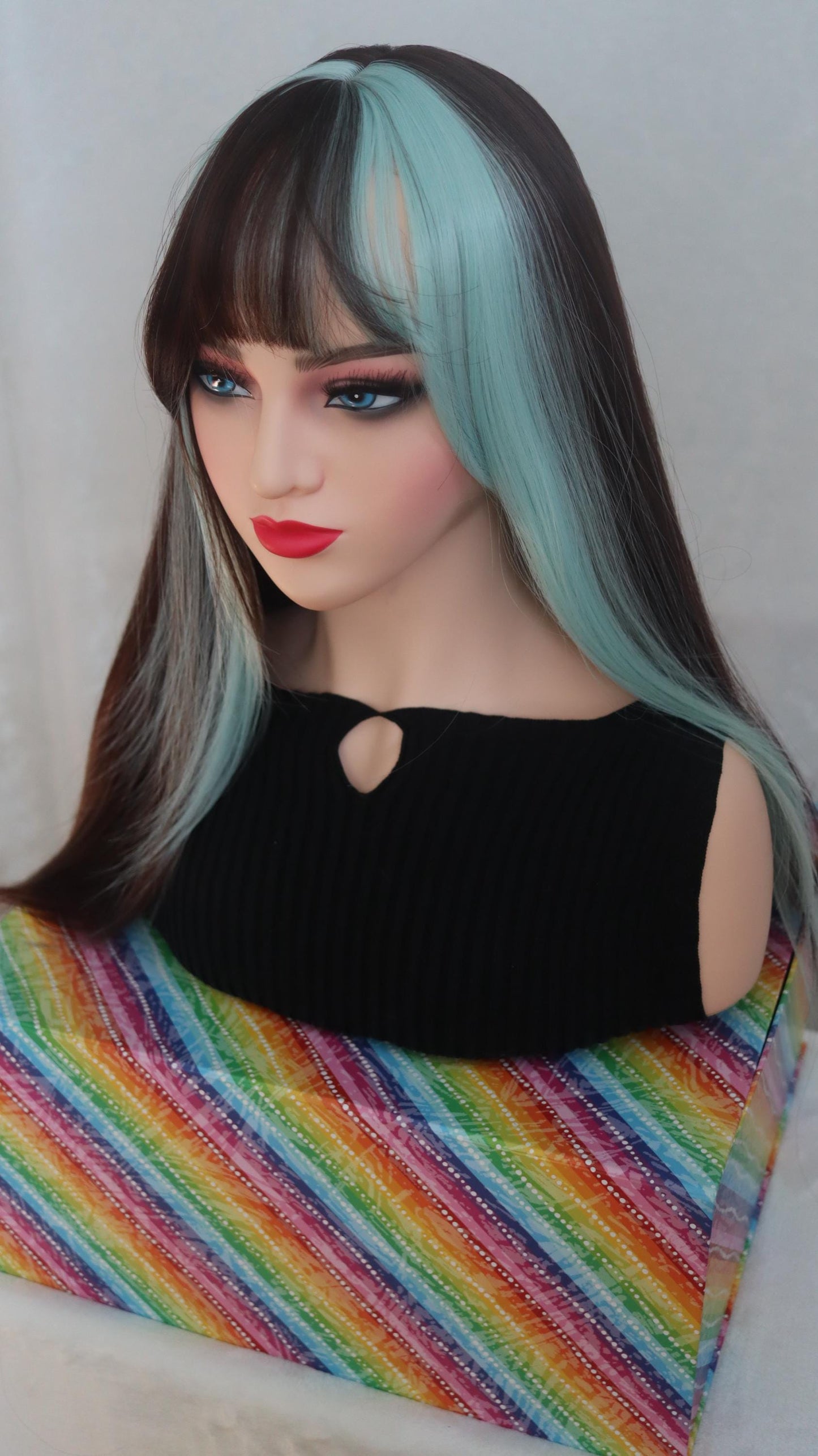 Chocolate Mint Bliss Wig – 26" Straight Brown & Mint Green Stunner with Unique Bangs