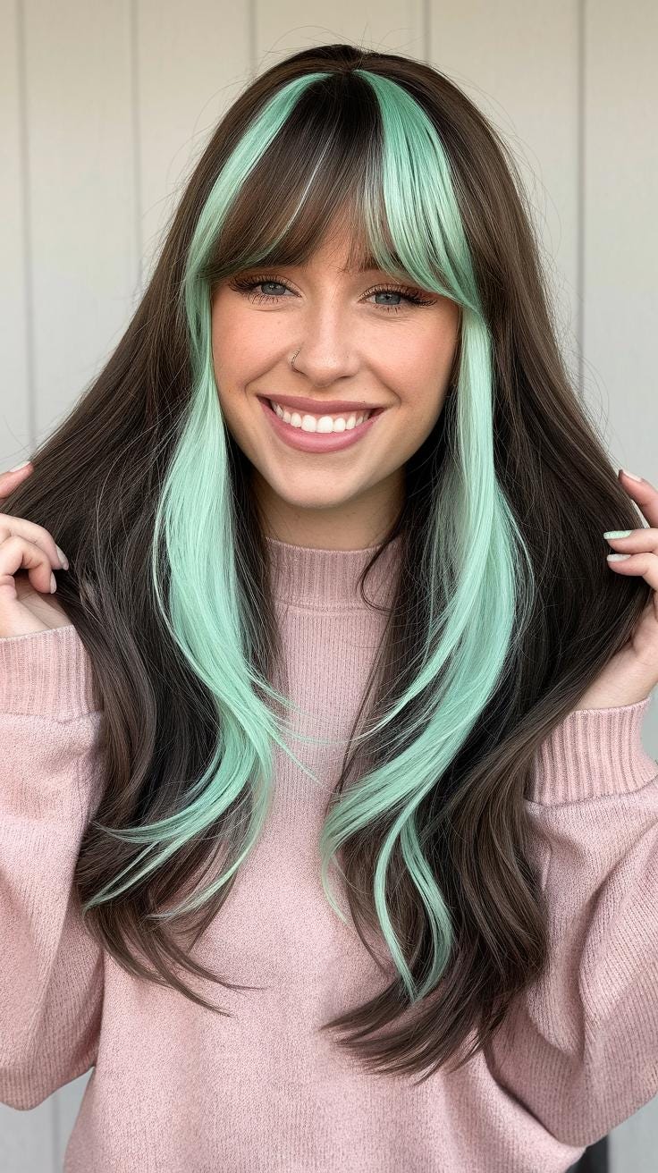 Chocolate Mint Bliss Wig – 26" Straight Brown & Mint Green Stunner with Unique Bangs