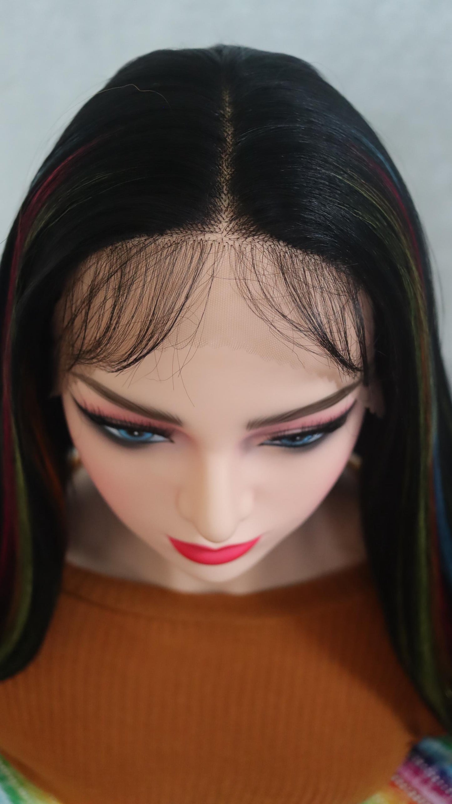 Rainbow Highway T-Part Lace Wig – 20 inches Black Wig with Vibrant Front Highlights | Glueless, Lightweight & Easy to Style