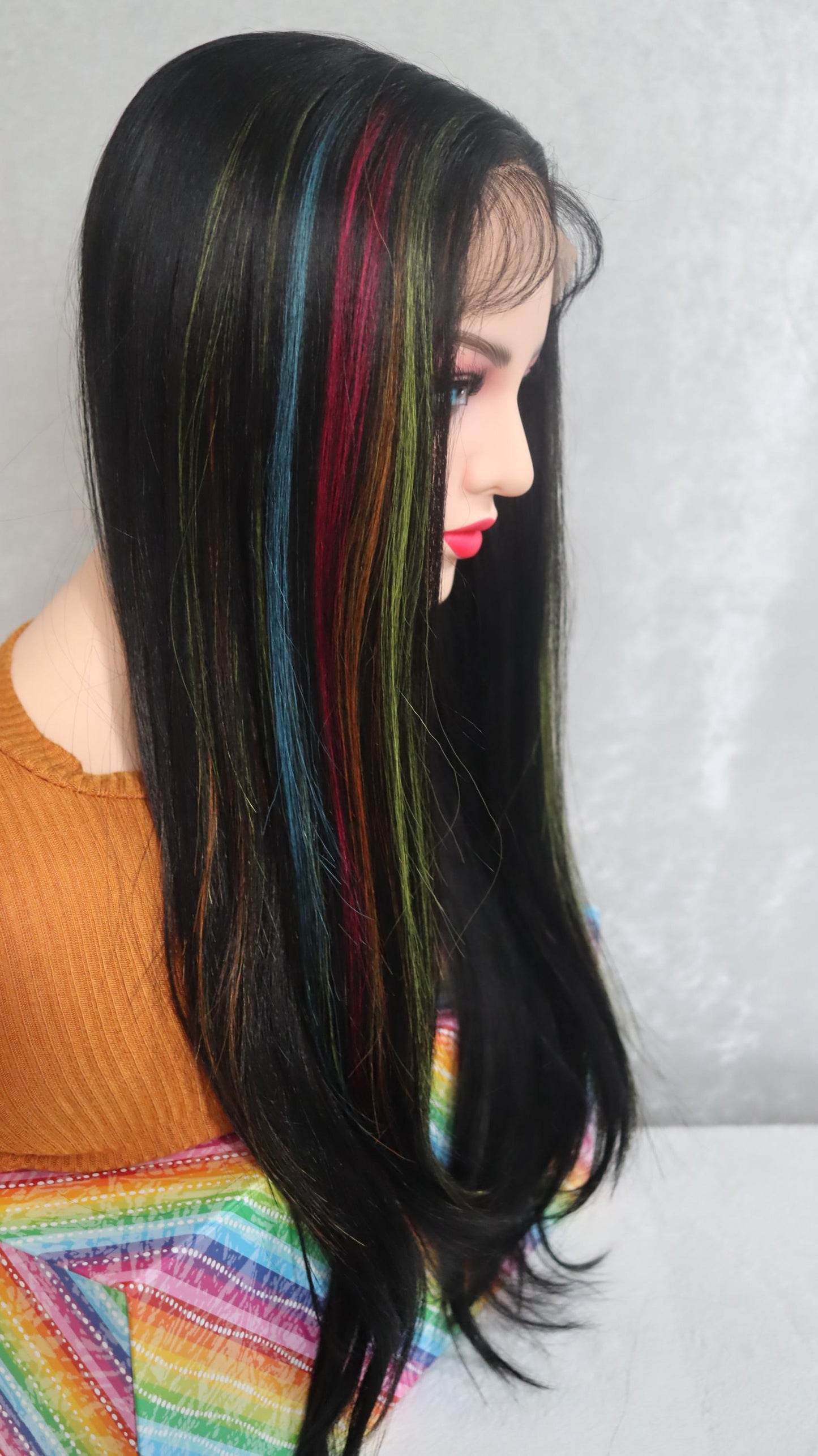 Rainbow Highway T-Part Lace Wig – 20 inches Black Wig with Vibrant Front Highlights | Glueless, Lightweight & Easy to Style