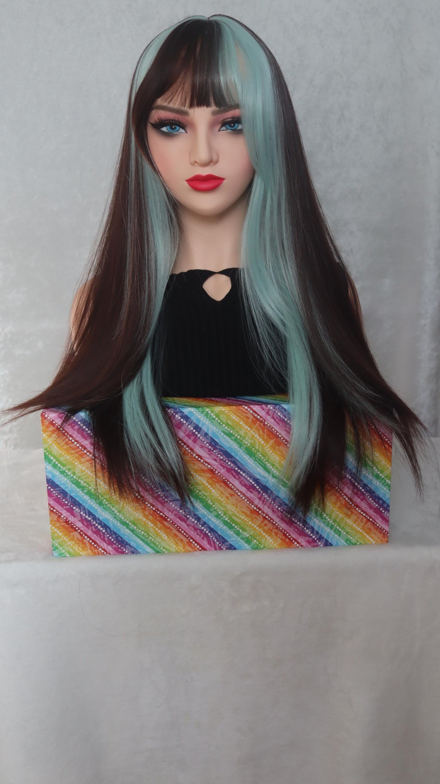 Chocolate Mint Bliss Wig – 26" Straight Brown & Mint Green Stunner with Unique Bangs