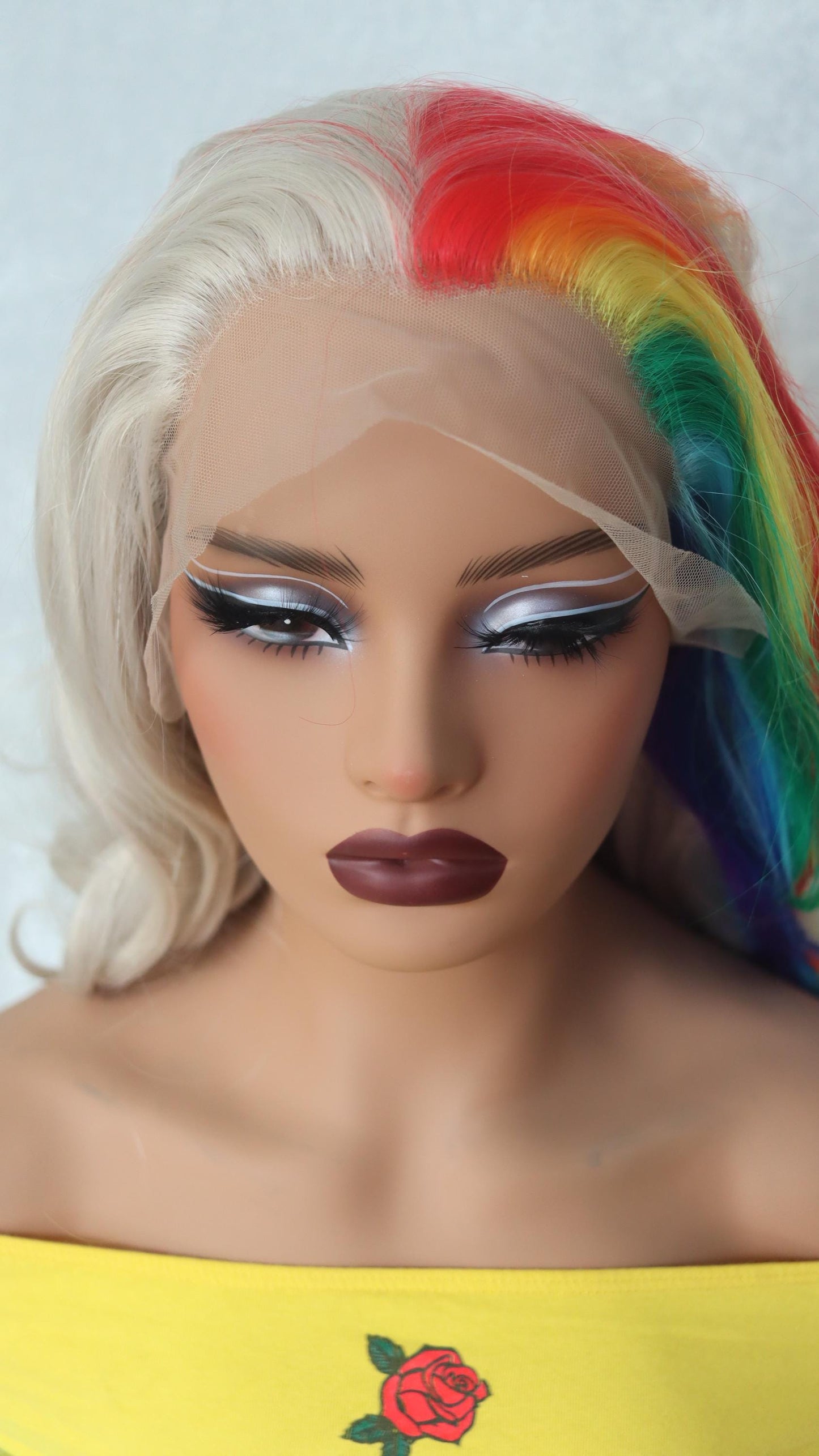 Rainbow Luxe Waves – 28" Ash Blonde Front Lace Wig with Vibrant Streaks