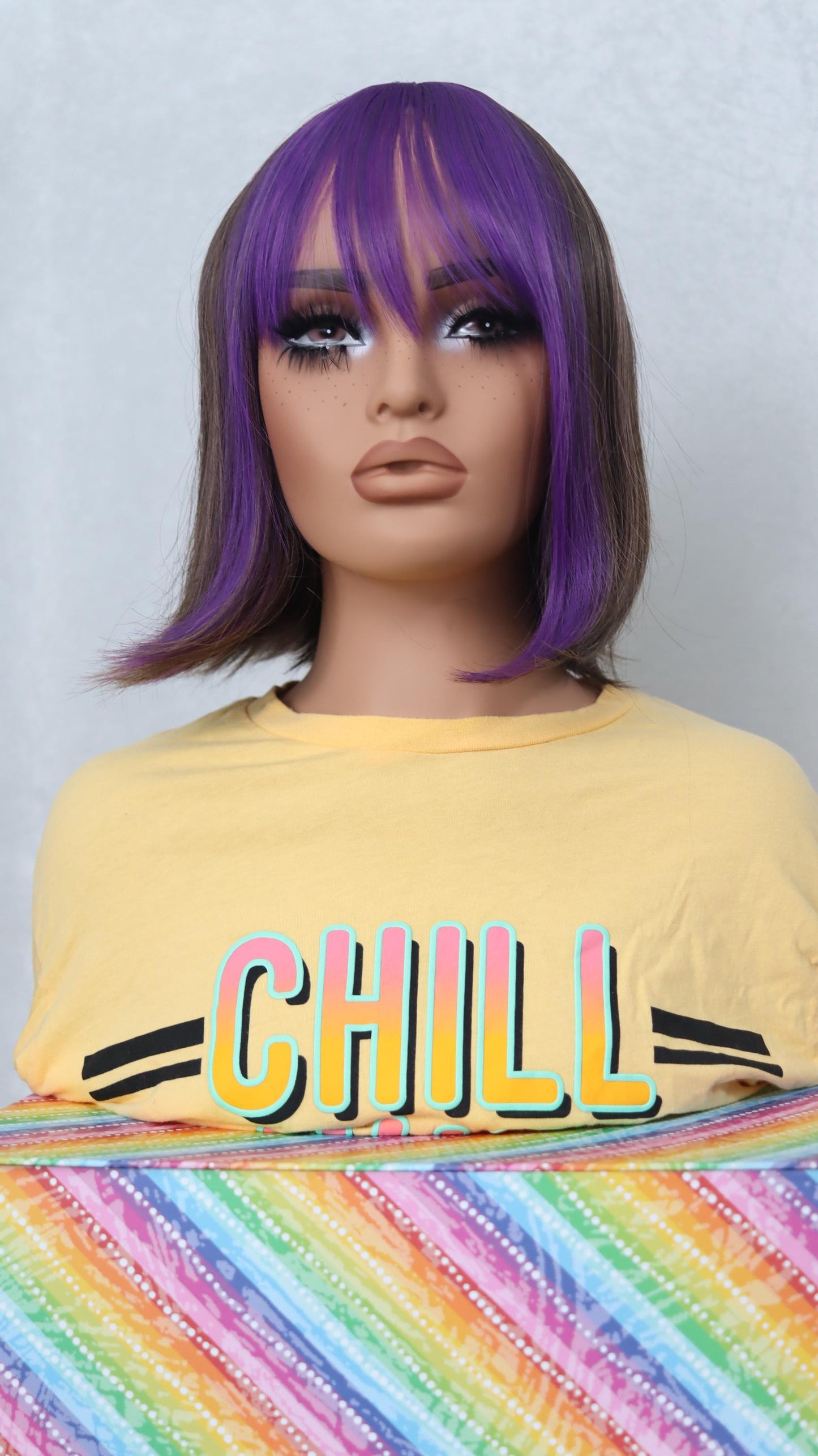 Short Bob Wig with Purple Bangs & Ash Light Brown Base – Bold Synthetic Wig for Everyday Style