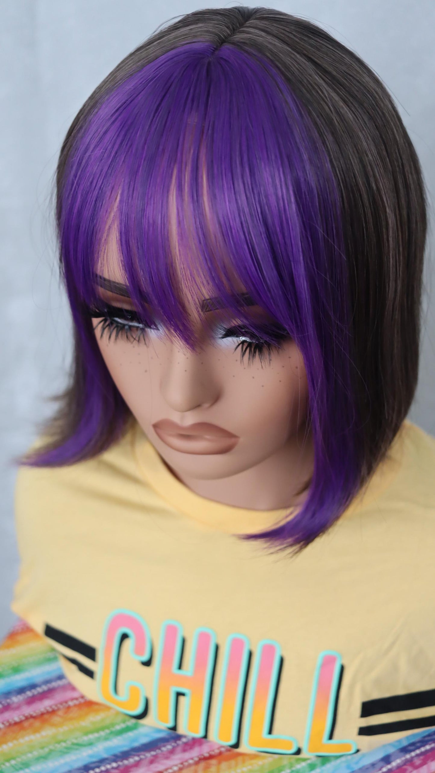 Short Bob Wig with Purple Bangs & Ash Light Brown Base – Bold Synthetic Wig for Everyday Style