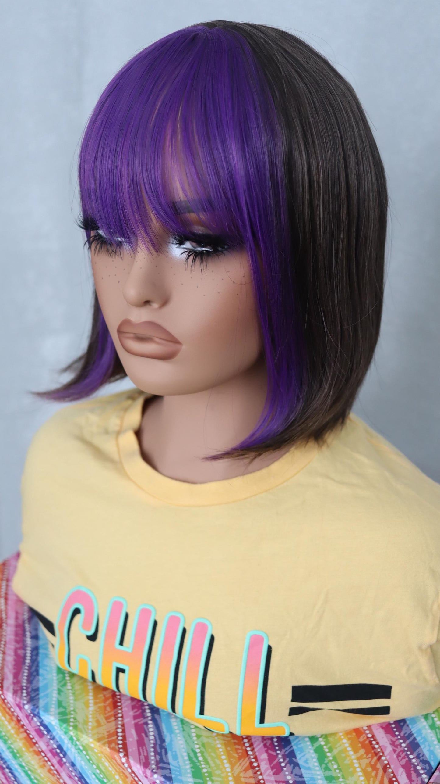 Short Bob Wig with Purple Bangs & Ash Light Brown Base – Bold Synthetic Wig for Everyday Style
