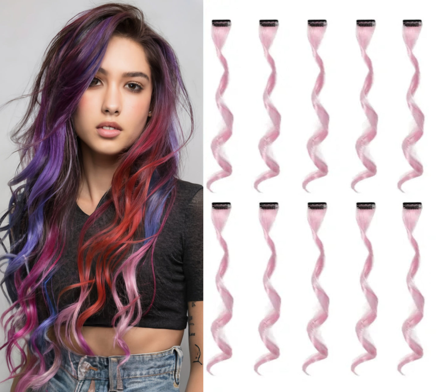 Set of 10 pieces 22 inches Purple, Pink, Green, Purple, Blue White Clip Ons Color Splash Wavy Hair Extensions Dress Up Cosplay