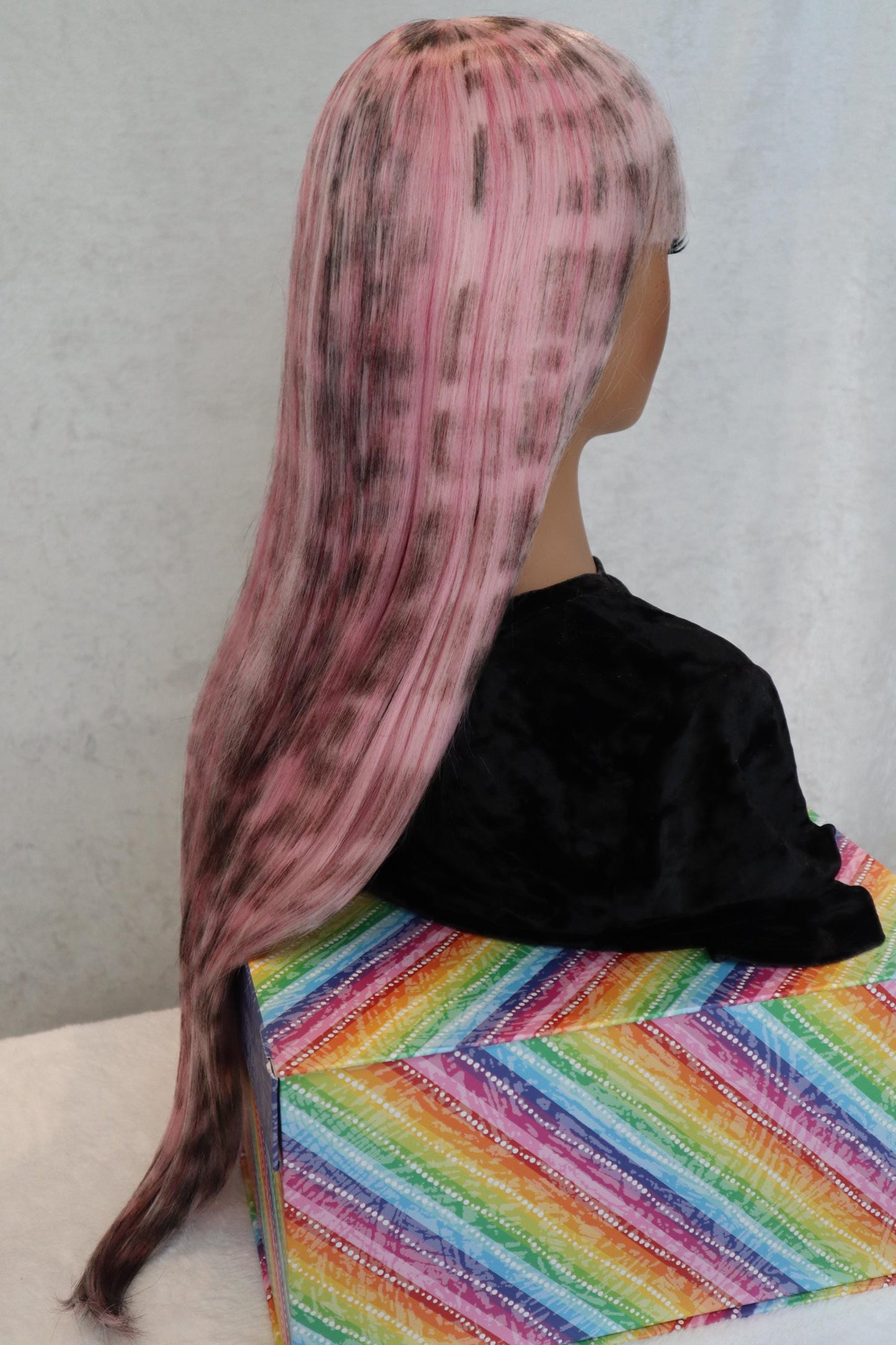 Pink Long Straight 30 inches Wig with Light Pink Streaks and Soft Cheetah Print – Light Bangs