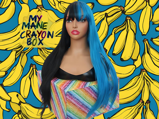 Half Neon Bright Blue & Half Jet Black Straight Wig with Half-Colored Bangs - 28" Cosplay Wig