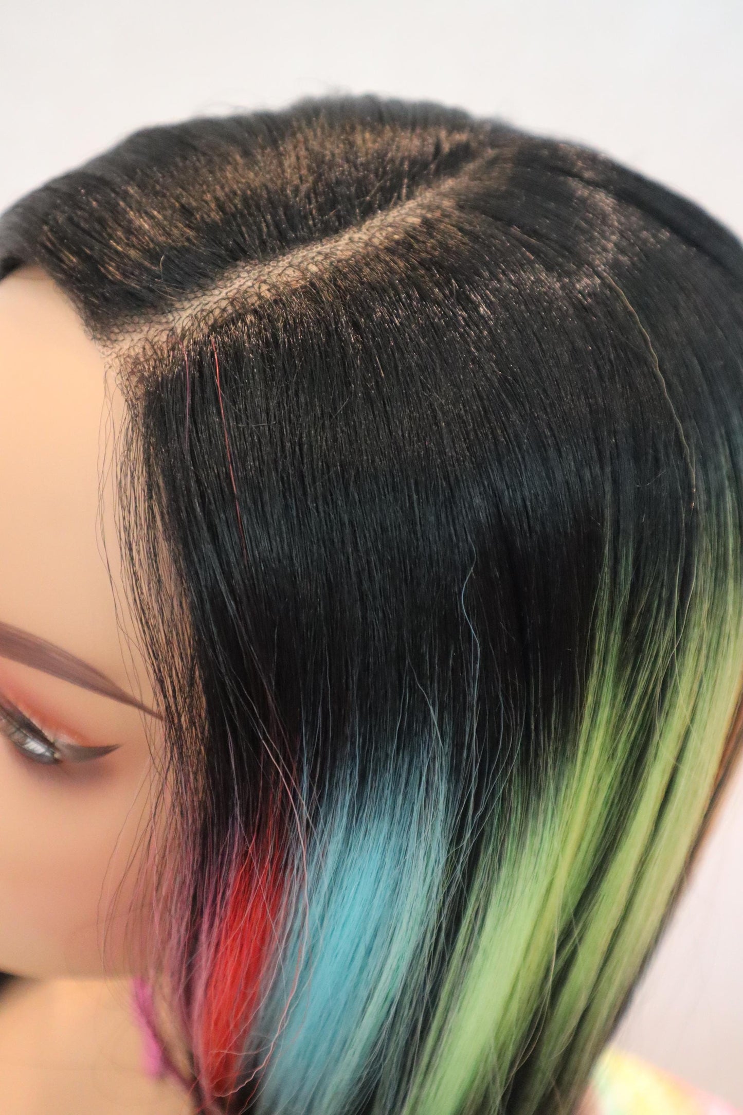 Long Straight Elegant Side Part Front Lace Wig with Rainbow Highlights and Face-Framing Rays