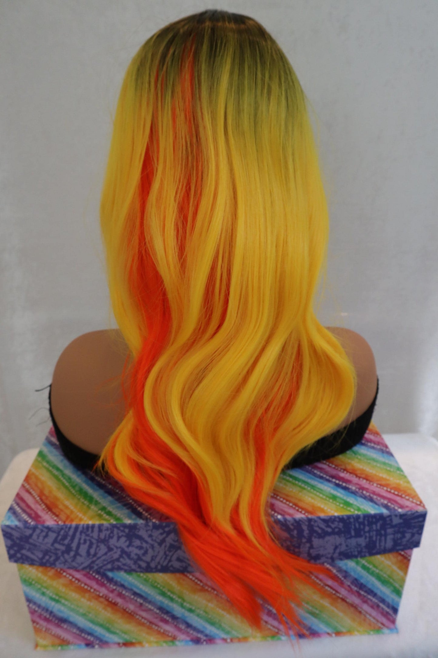 Candy Corn Wavy Wig with Orange, Yellow & Dark Roots + Bangs