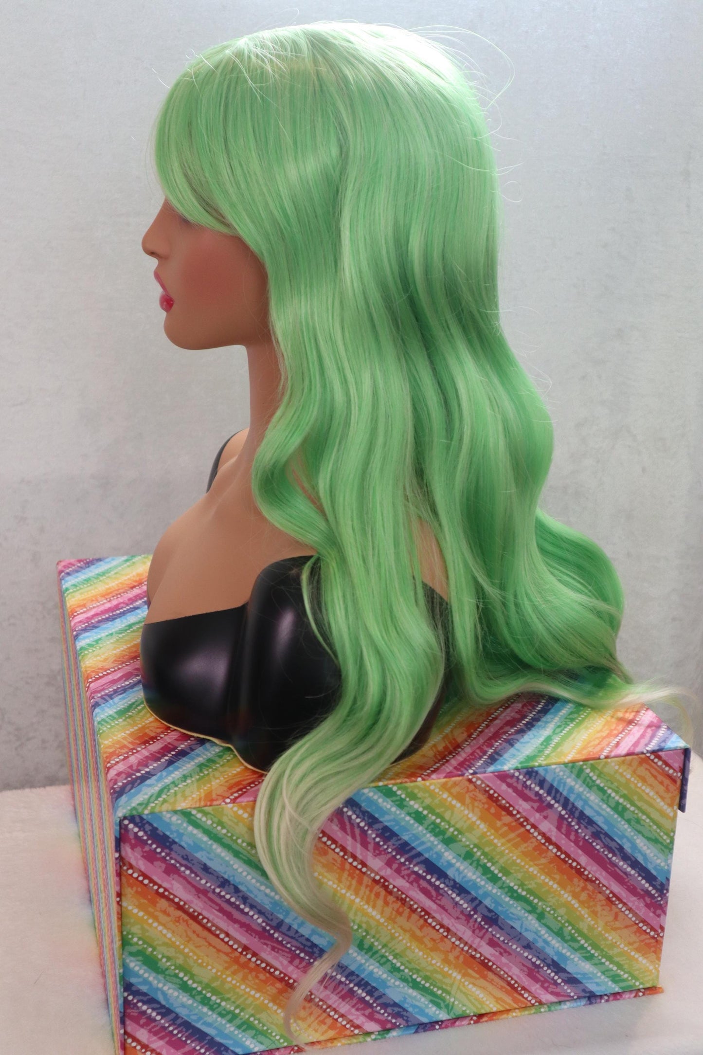 Neon Green Long Wavy Wig with Blonde Highlights and Bangs – 26 Inches of Bold Style!