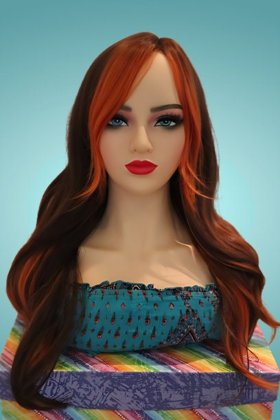 Orange Highlighted bangs straight and wavy copper brown wig