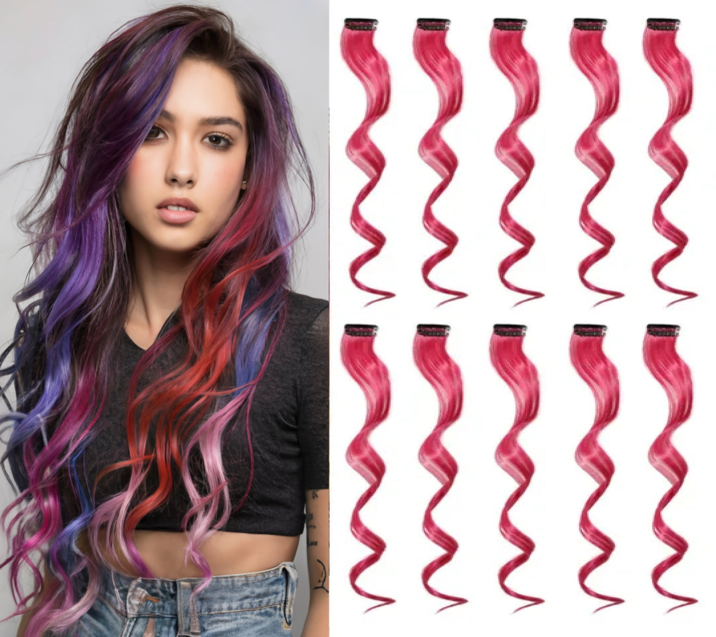 Set of 10 pieces 22 inches Purple, Pink, Green, Purple, Blue White Clip Ons Color Splash Wavy Hair Extensions Dress Up Cosplay