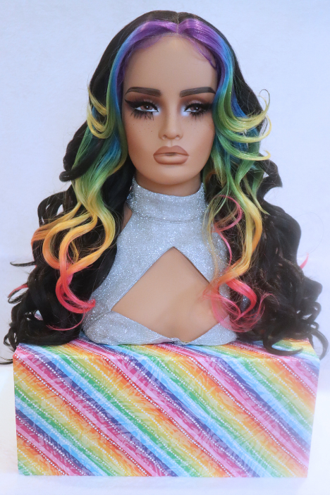 Vibrant Prism Rainbow Face-Framing Highlights 24 inches Wavy Black Lace Front Wig – Stand Out with Colorful Elegance