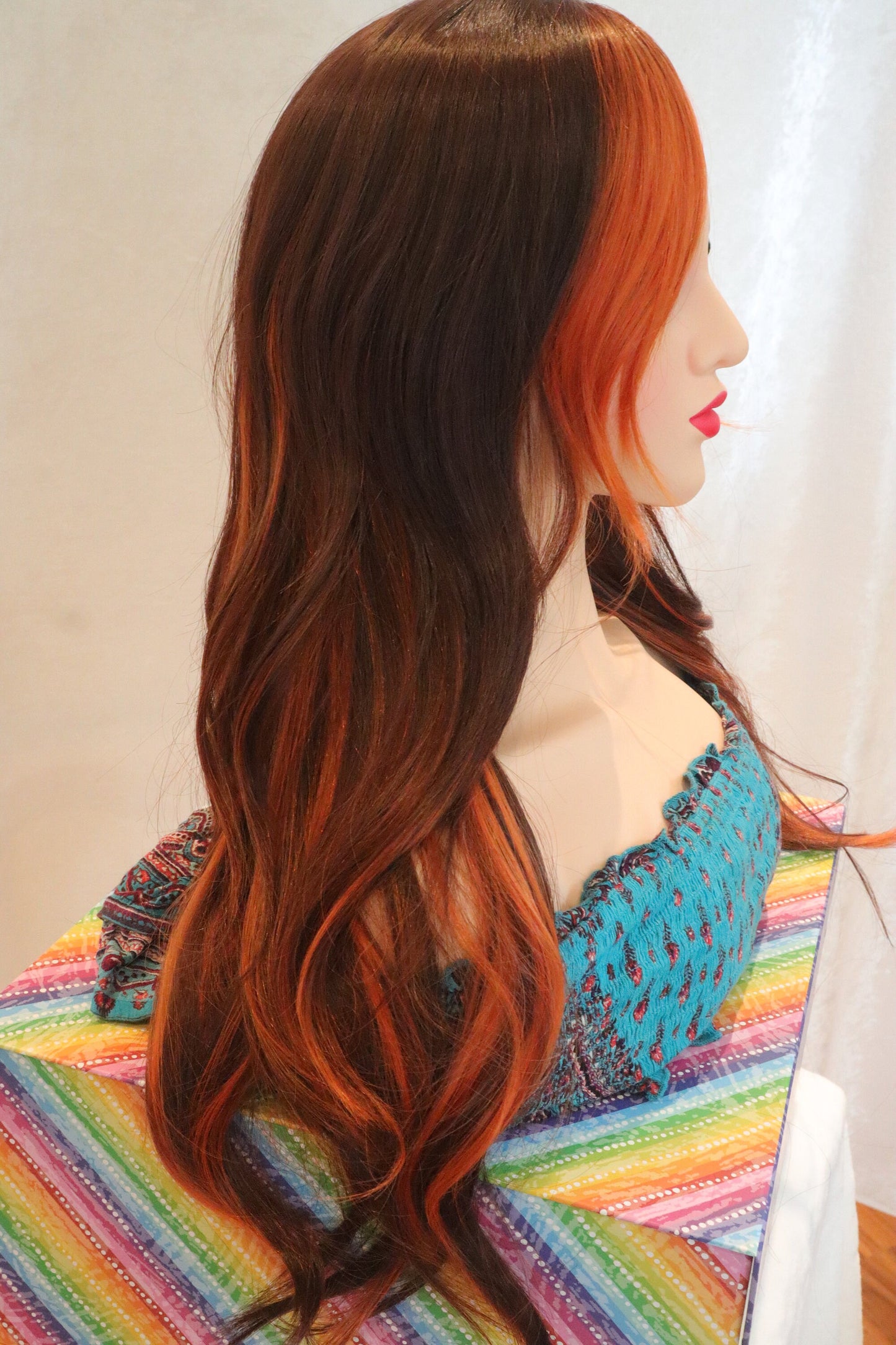 Orange Highlighted bangs straight and wavy copper brown wig