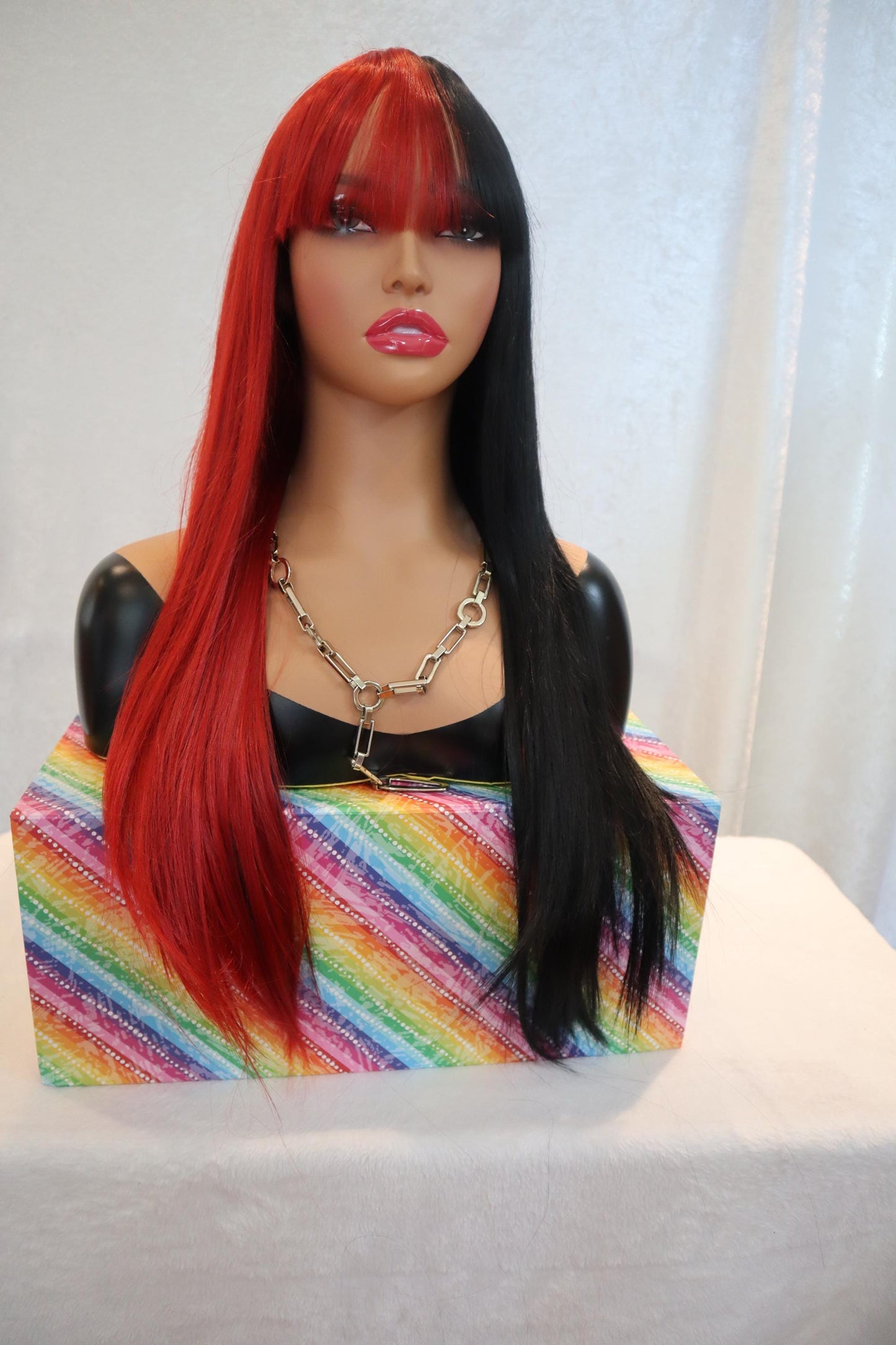 Half Red Half Jet Black Long Straight Wig – 24" Lightweight Synthetic