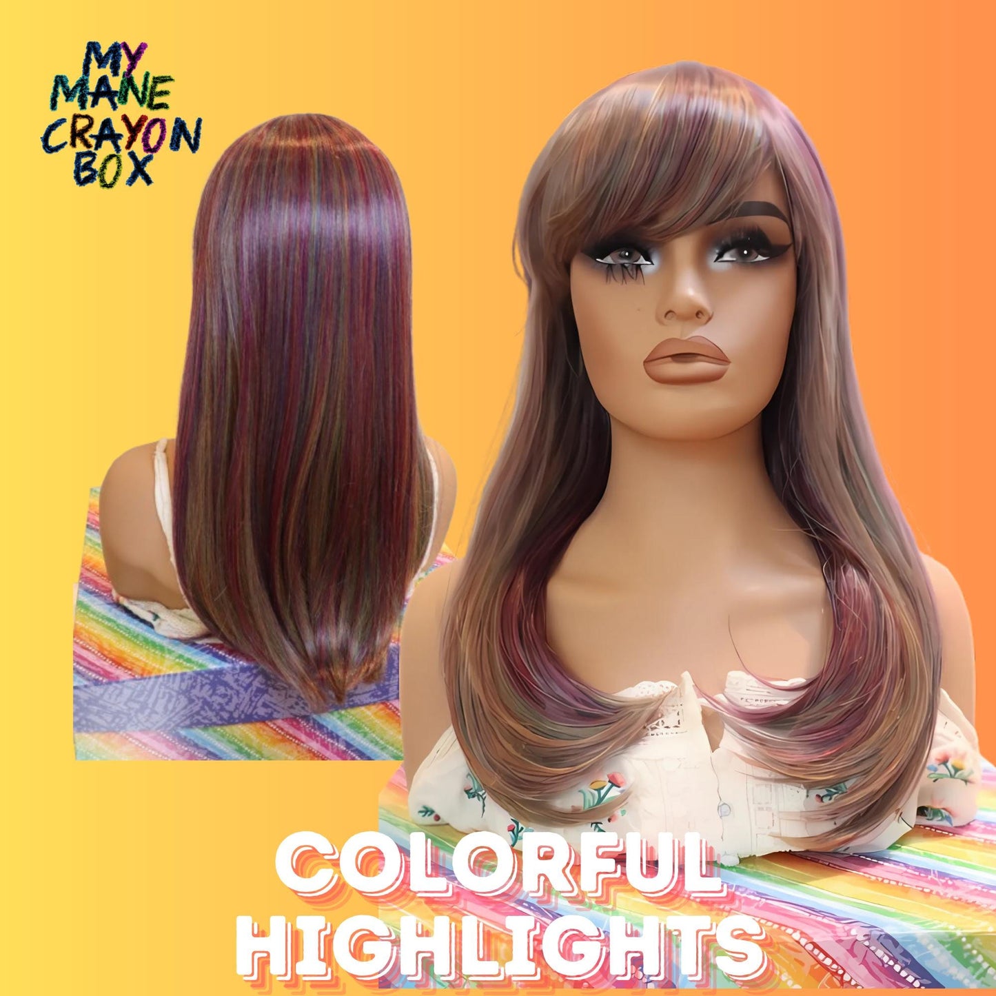 Retro Fall Vibes Wig – 20" Soft Straight Multicolored Highlights with Thick Bangs