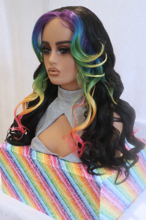 Vibrant Prism Rainbow Face-Framing Highlights 24 inches Wavy Black Lace Front Wig – Stand Out with Colorful Elegance