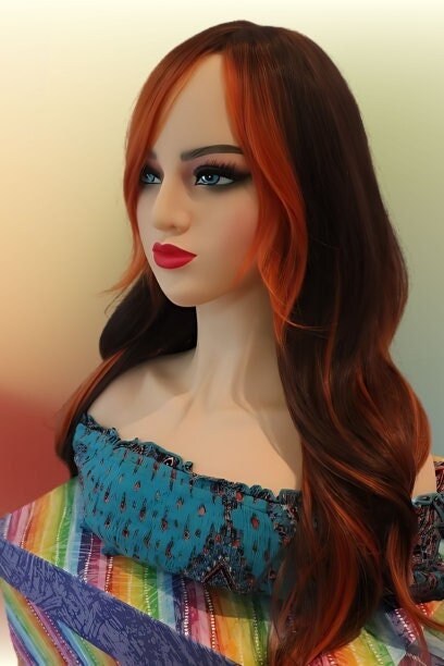 Orange Highlighted bangs straight and wavy copper brown wig