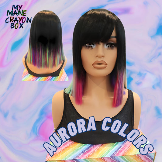 Aurora colored highlighted ombre black straight hair bob with bangs wig