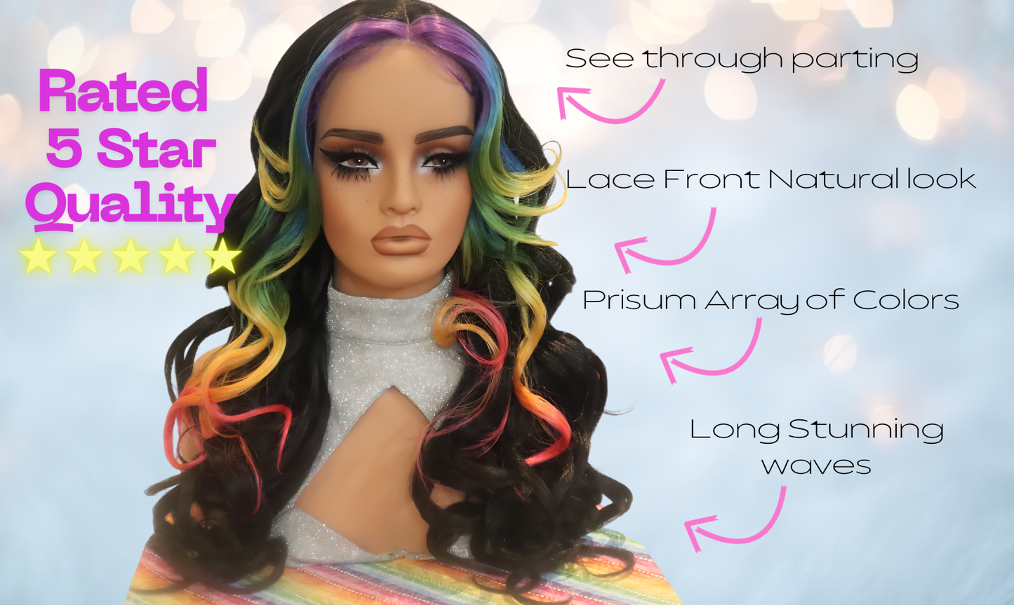 Vibrant Prism Rainbow Face-Framing Highlights 24 inches Wavy Black Lace Front Wig – Stand Out with Colorful Elegance