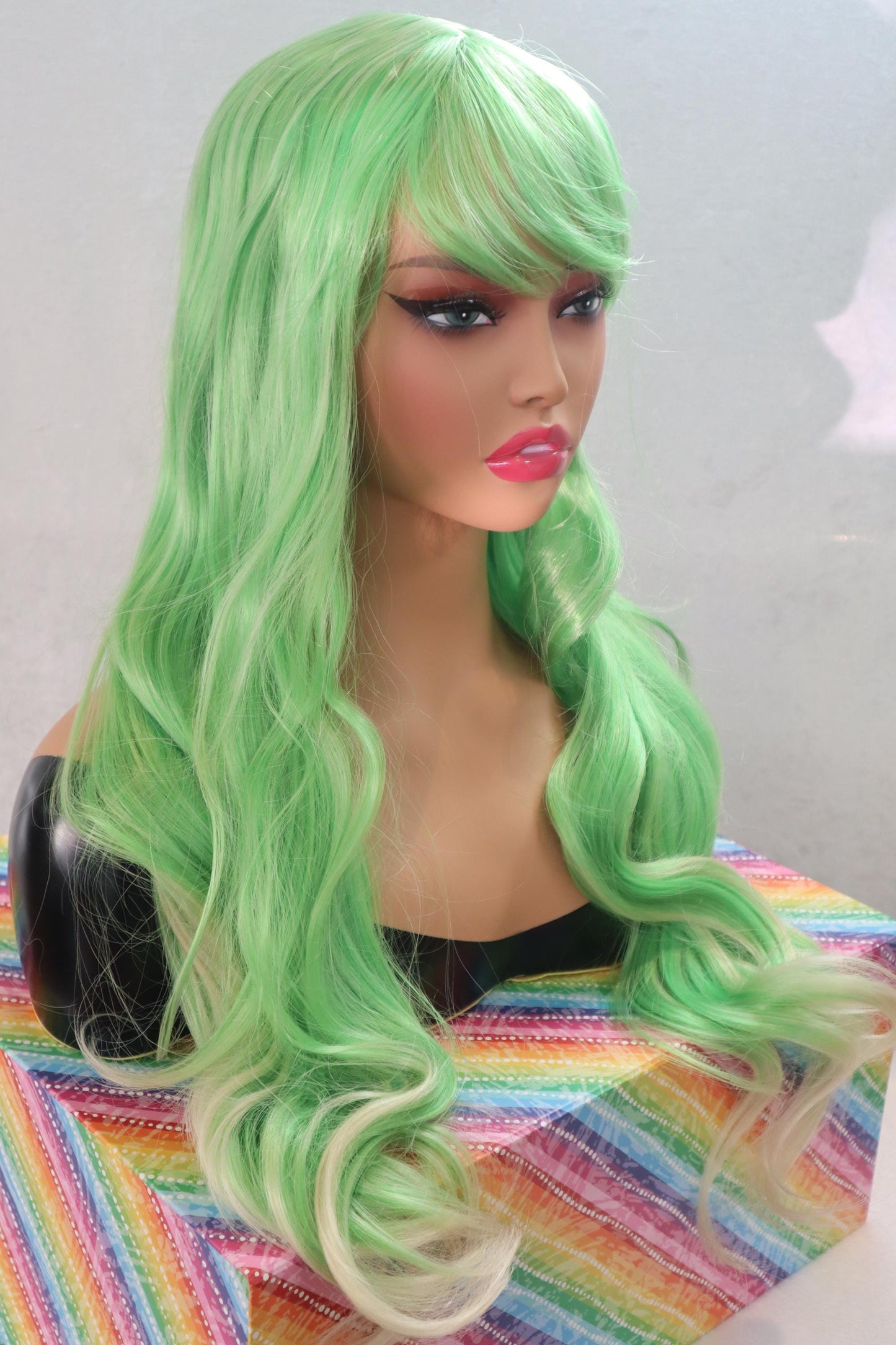 Neon Green Long Wavy Wig with Blonde Highlights and Bangs – 26 Inches of Bold Style!