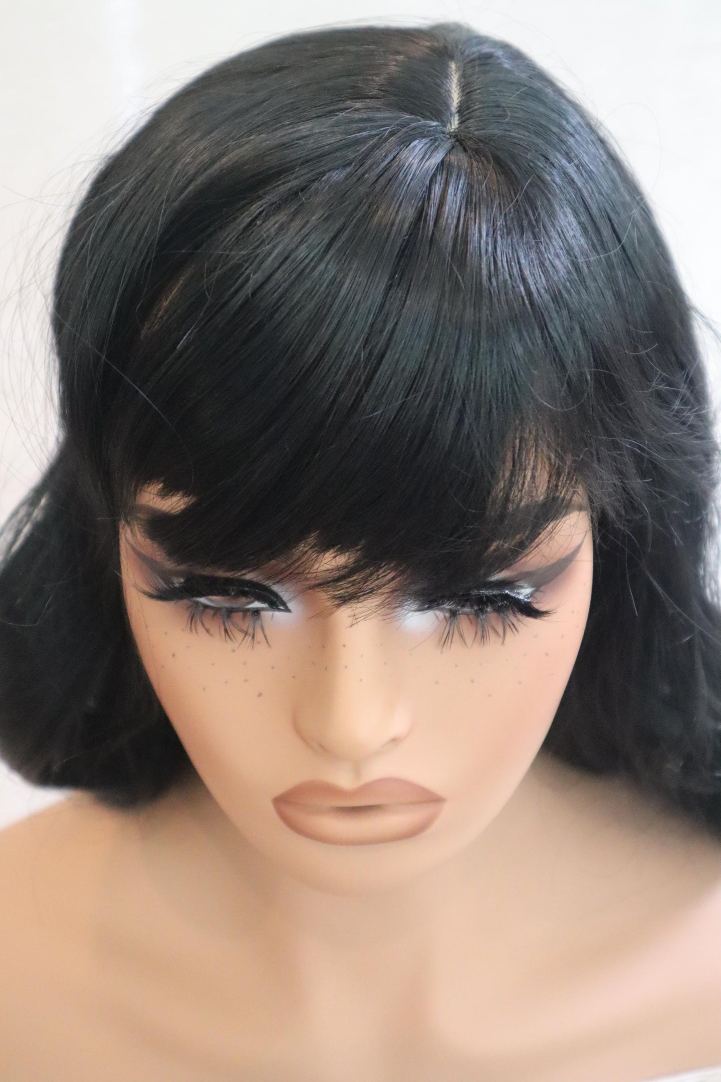 Easy to Style Long Jet Black Wig with Bangs and Natural Skin Top Parting