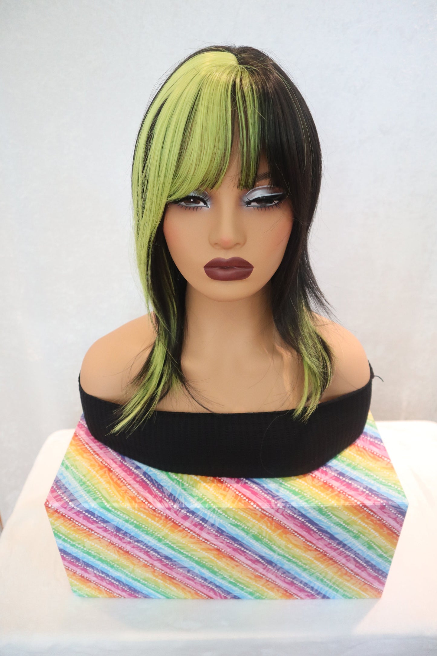 Layered Neon Green and Black Wig with Bangs - Edgy Synthetic 18-Inch Wig