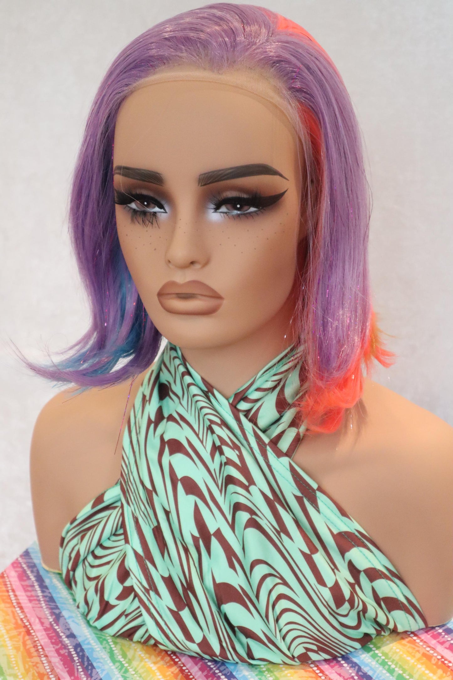 Rainbow Short Bob Front Lace Wig with Tinsel Locks – Unicorn Fantasy Hair for Parties