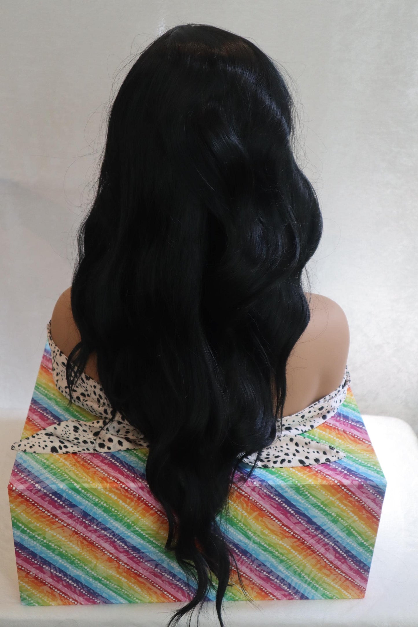 Easy to Style Long Jet Black Wig with Bangs and Natural Skin Top Parting