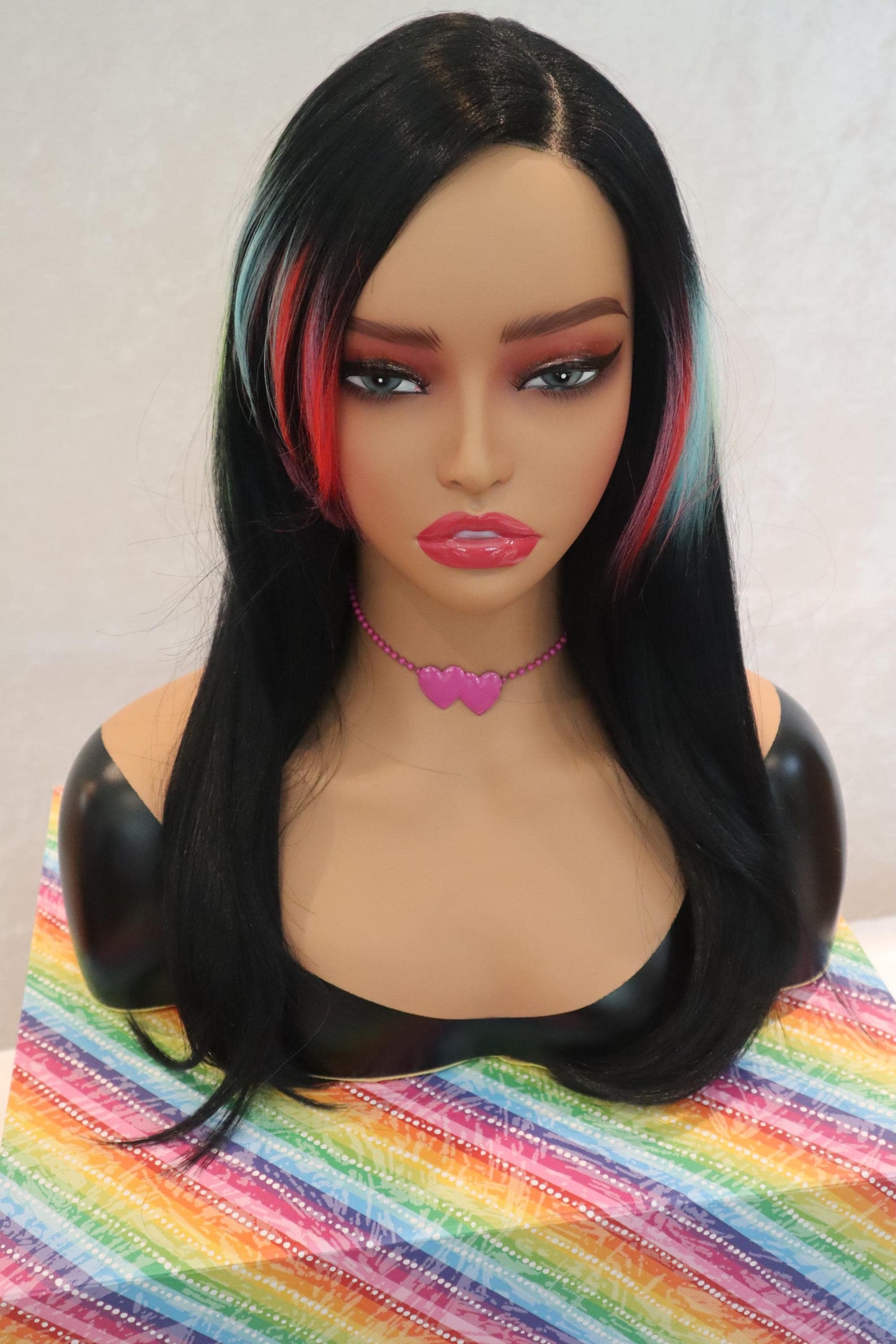 Long Straight Elegant Side Part Front Lace Wig with Rainbow Highlights and Face-Framing Rays