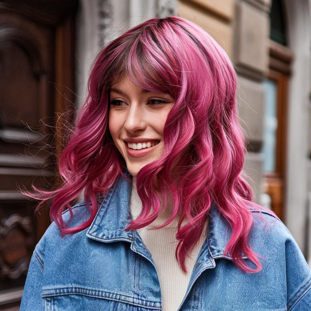 Shoulder Length Wavy Fuchsia Wig with Lavender & Pink Hues, Dark Brown Ombre Roots, Vibrant Synthetic Hair for Cosplay and Fashion