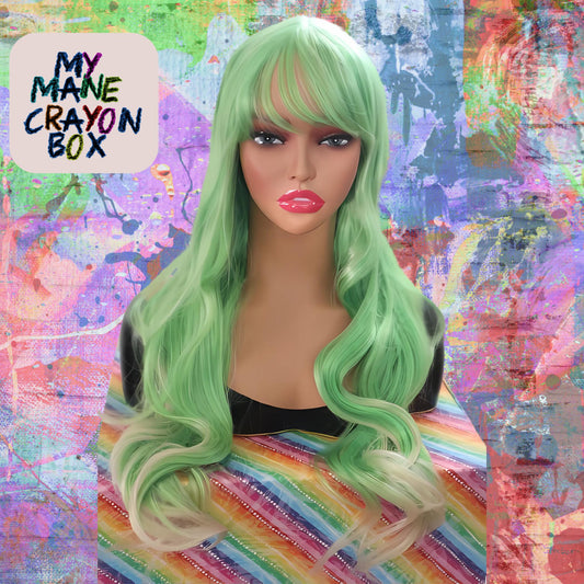 Neon Green Long Wavy Wig with Blonde Highlights and Bangs – 26 Inches of Bold Style!