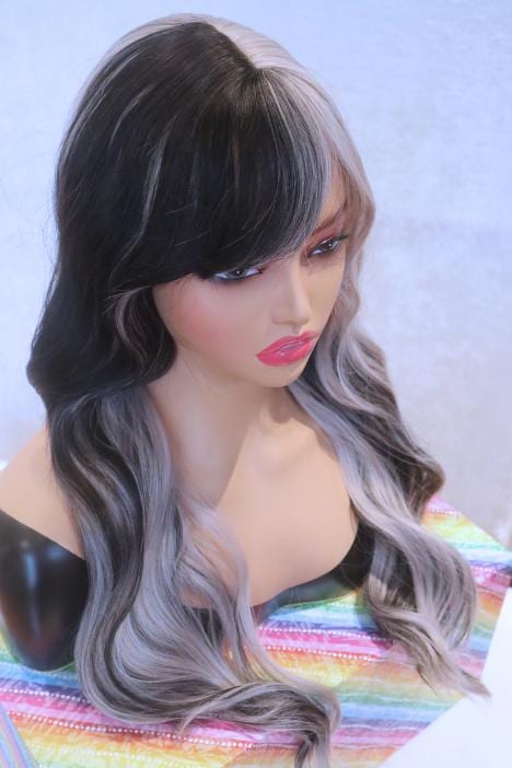 Sleek Black & Gray Highlights Split Wavy Wig with Bangs – 24" Long Two-Tone Elegance