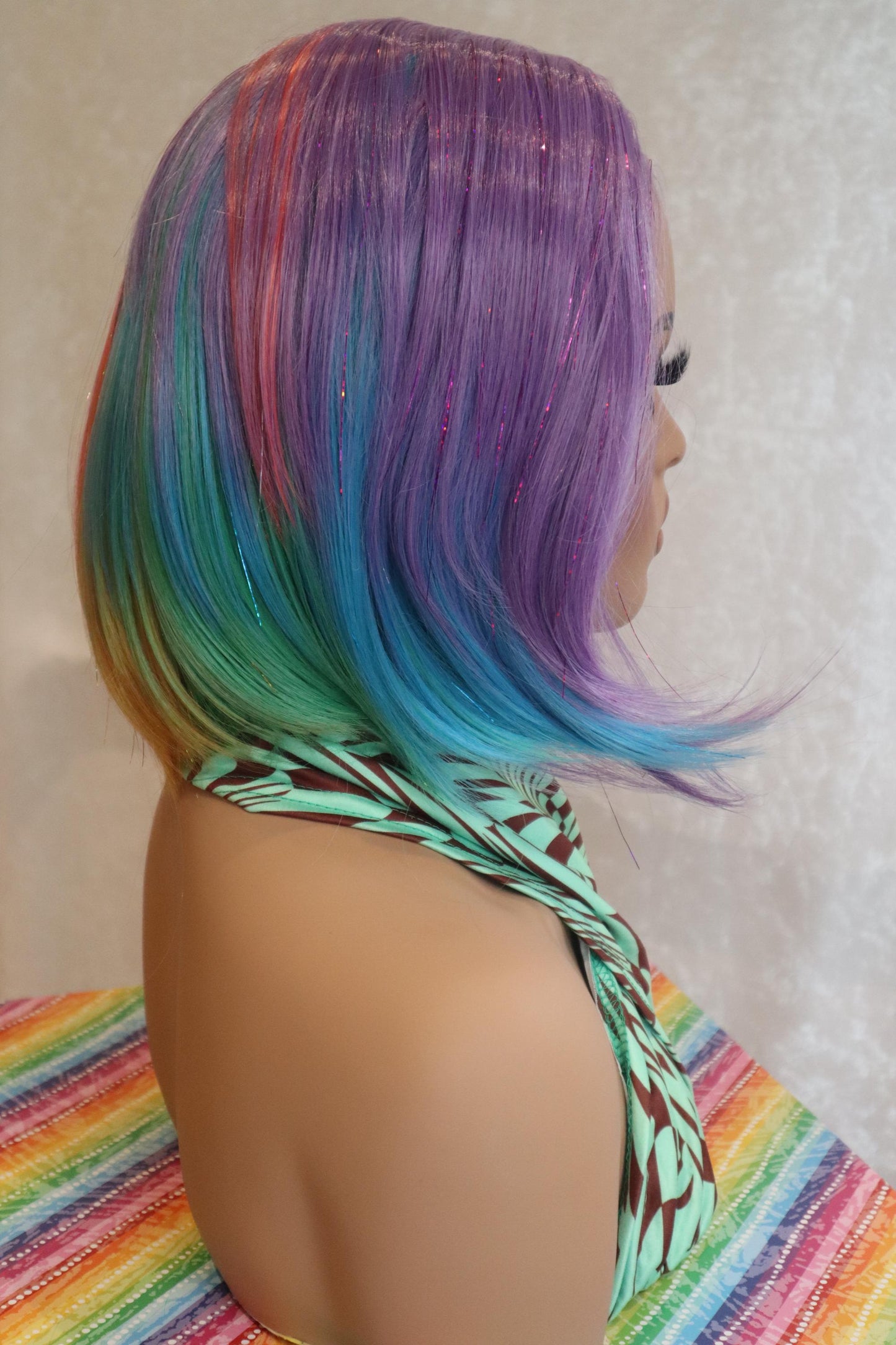 Rainbow Short Bob Front Lace Wig with Tinsel Locks – Unicorn Fantasy Hair for Parties