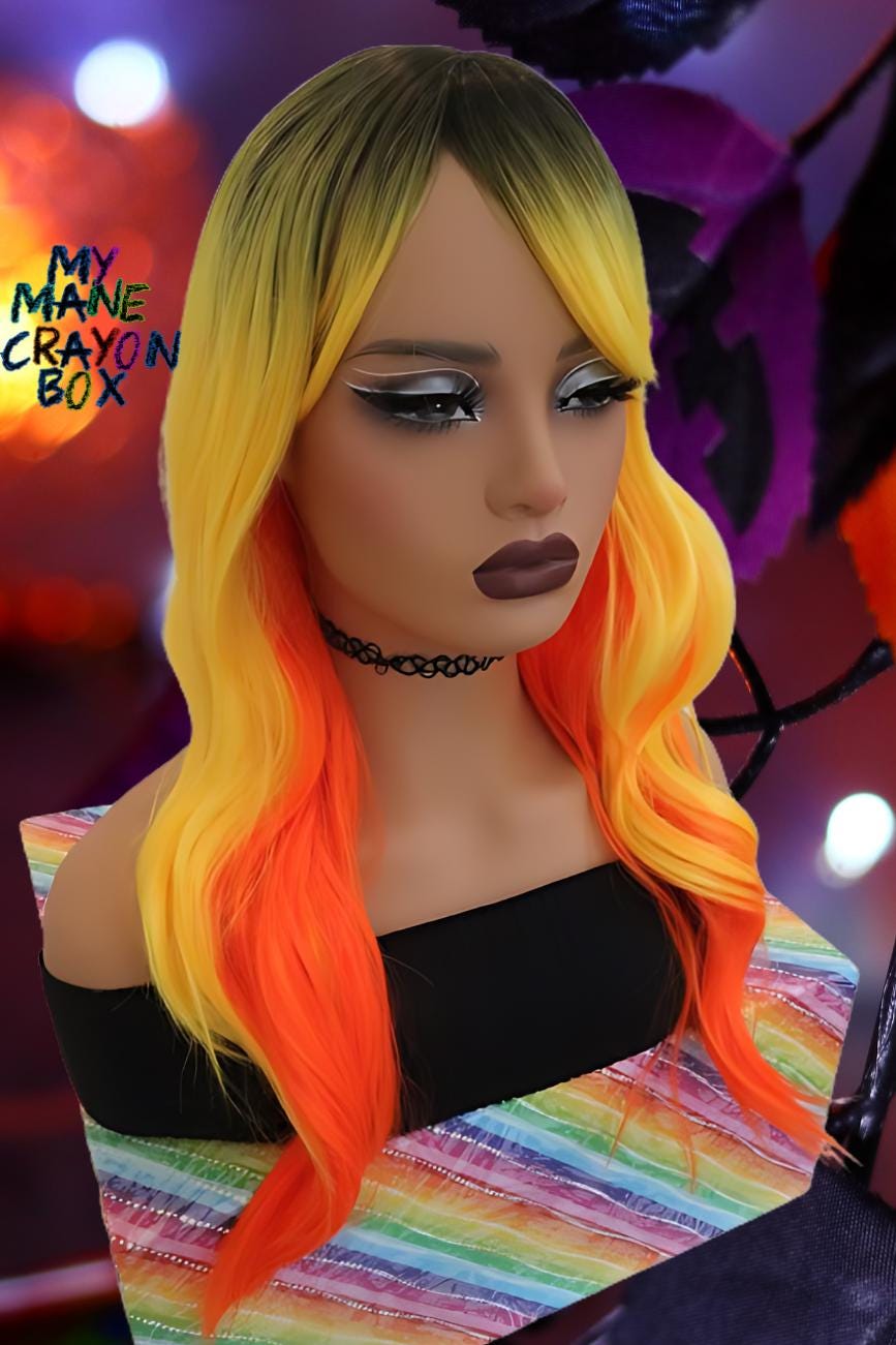 Candy Corn Wavy Wig with Orange, Yellow & Dark Roots + Bangs