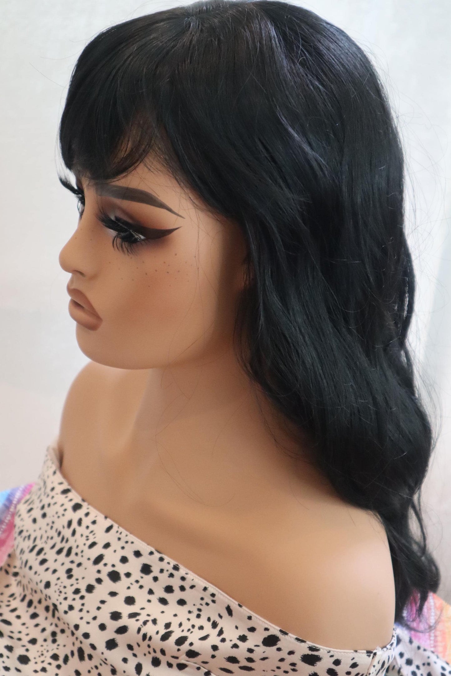 Easy to Style Long Jet Black Wig with Bangs and Natural Skin Top Parting