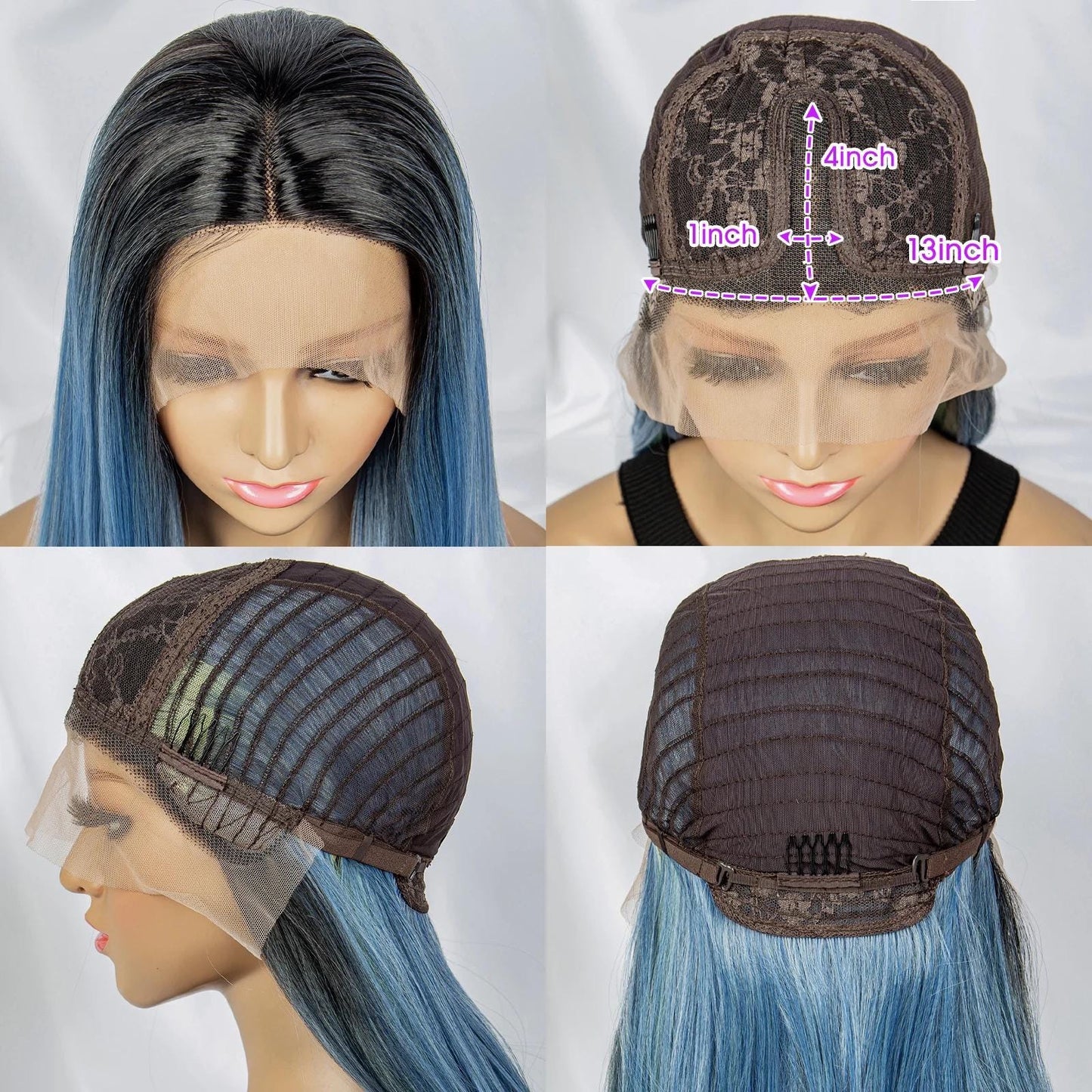 18 Inch Blue Ombre Lace Front Wig with Mint Green Tips, Dark Roots, Layered Straight Synthetic Wig for Cosplay, Fashion, and Everyday Wear