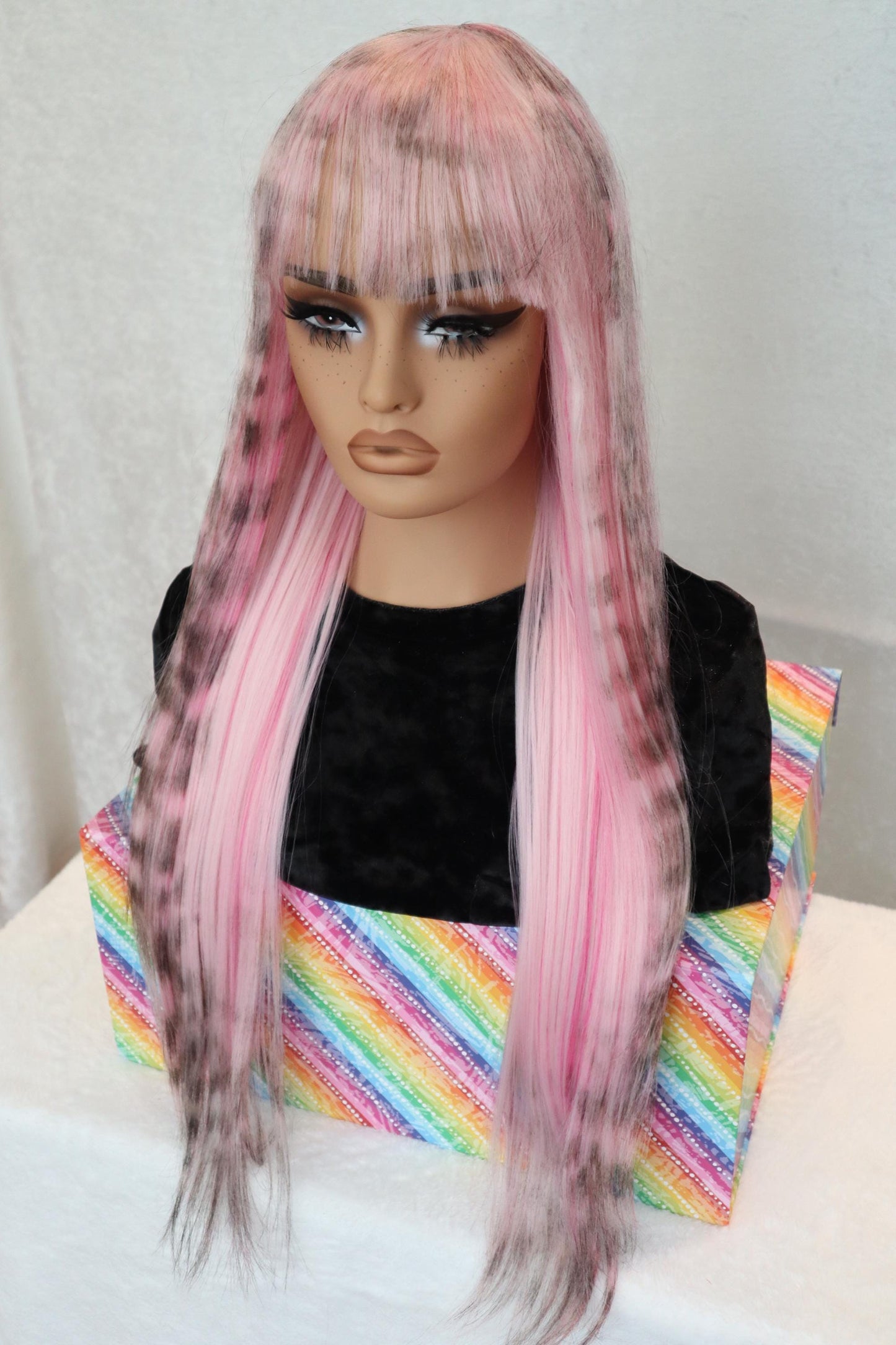 Pink Long Straight 30 inches Wig with Light Pink Streaks and Soft Cheetah Print – Light Bangs